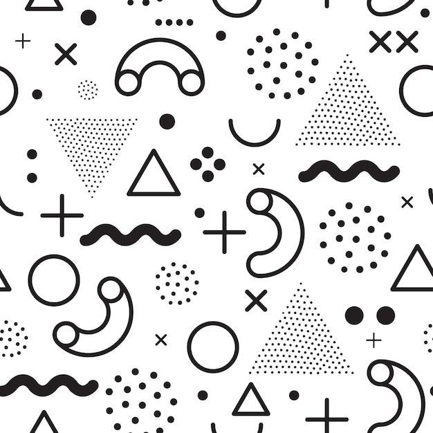 Reticolo senza giunte in bianco e nero. Figura astratta geometrica ripetuta universale in stile puntinismo, memphis, anni '80, '90. Carta da parati, carta da regalo, interni, vestiti