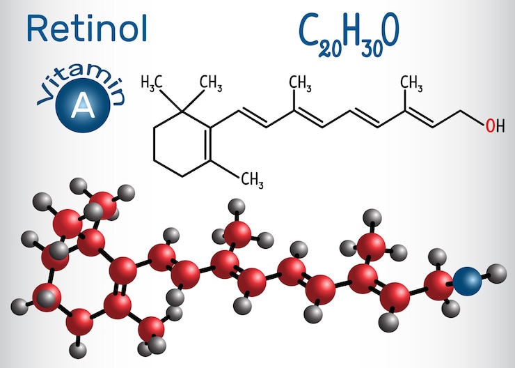 Vettore retinolo vitamina a formula chimica strutturale e modello molecolare foglio di carta in gabbia
