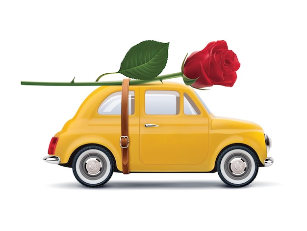 Retro automobile con rosa rossa isolata su bianco. Illustrazione realistica