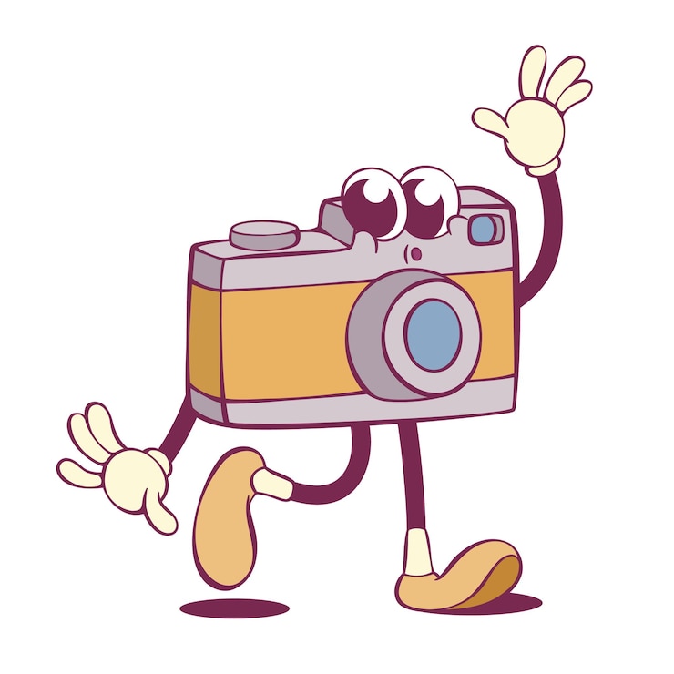 Vettore retro camera personaggio di cartoni animati stravagante in stile groovy