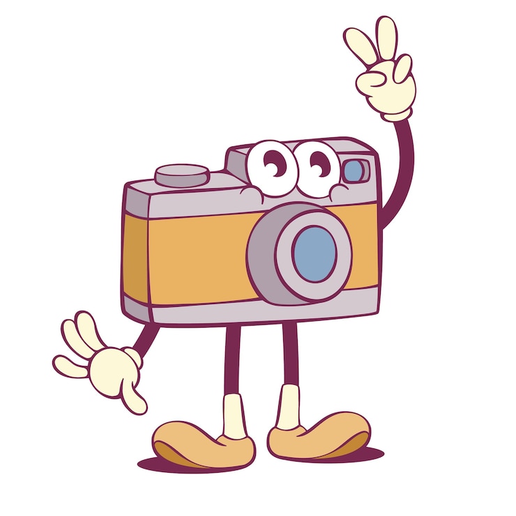 Vettore retro camera personaggio di cartoni animati stravagante in stile groovy