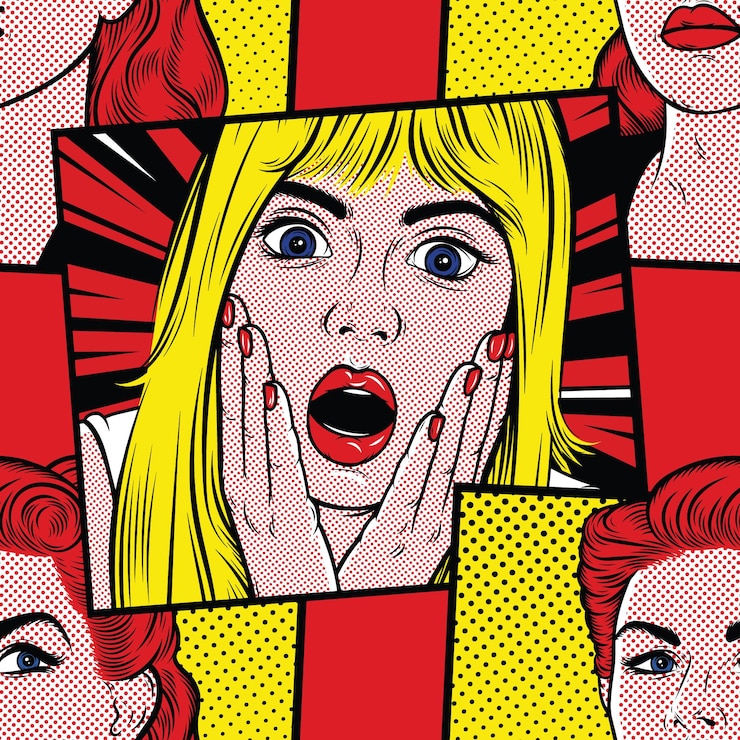 Vettore retro comico sullo sfondo con una donna bionda sorpresa wow face omg concetto pop art modello senza cuciture