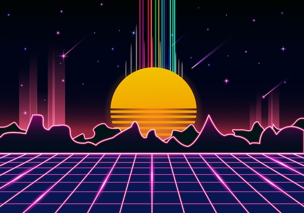 retrò con decorazioni al neon e montagna e tramonto