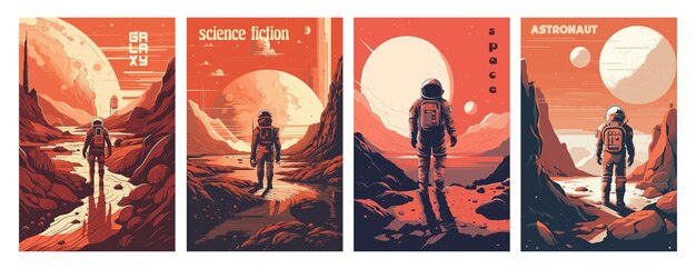 Retro fantascienza una scena di esplorazione spaziale su Marte e un set di poster illustrati di astronauti