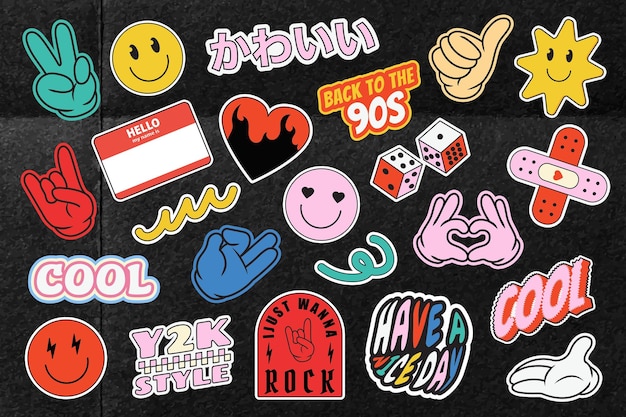 Retro funky tipografia adesivo set vettore