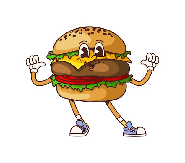 Retro groovy fast food cheeseburger personaggio