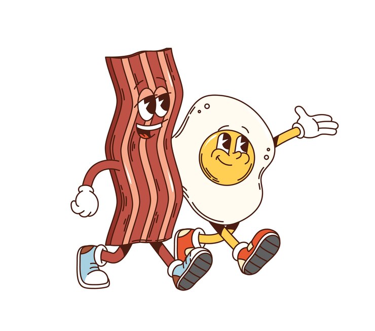 Vettore retro groovy personaggi della colazione bacon e uova