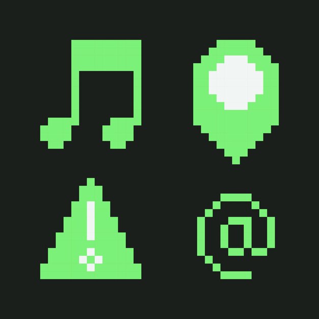 Retro Pixel Art User Interface Icon Y2k Set di note musicali a 8 bit mappa di geolocalizzazione pin al segno dell'indirizzo