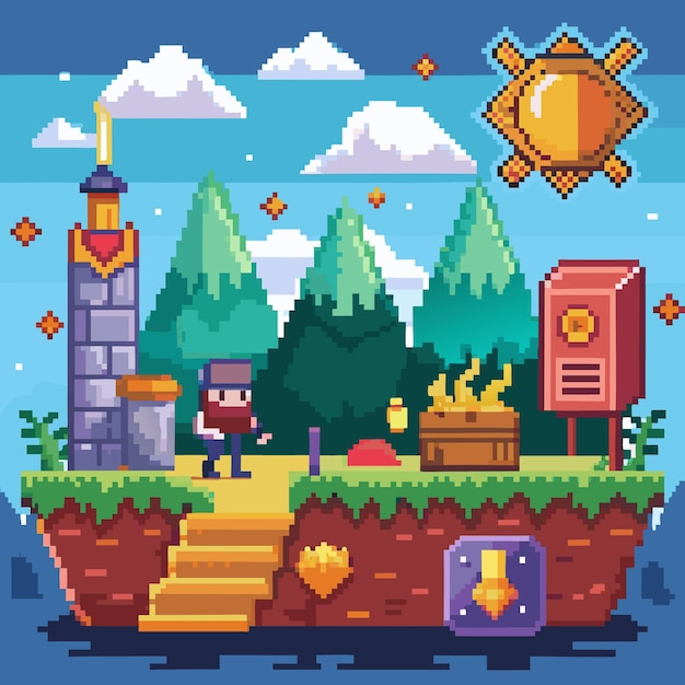 Retro Pixel Game trofeo icone e elementi vettoriali per l'avventura arcade livello di progettazione