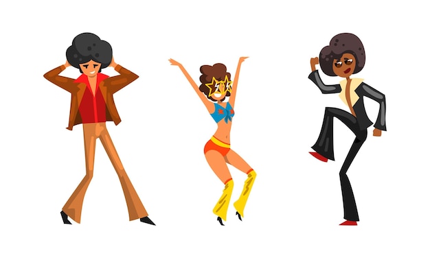 Retro Pop Musicisti Personaggi Set Artisti Cantanti che indossano abiti in stile retro degli anni '70 Illustrazione vettoriale di cartoni animati