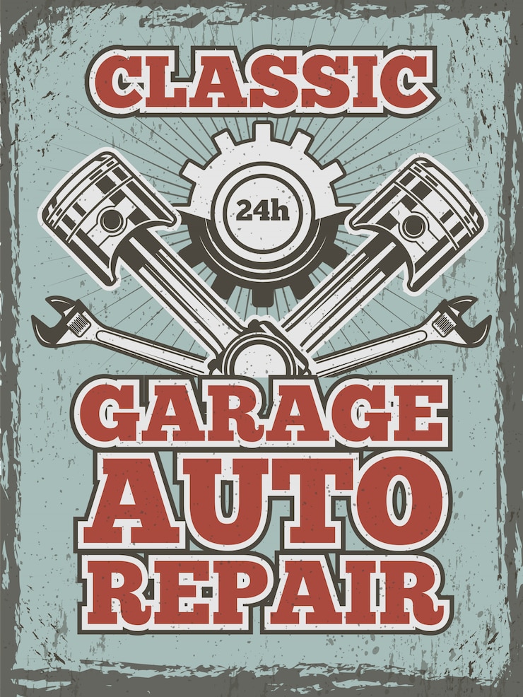 Vettore retro poster di tema automobilistico con illustrazioni di diversi strumenti meccanici e dettagli