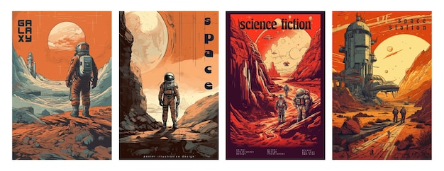 Retro science fiction una scena di esplorazione spaziale su Marte e un set di poster illustrativi di astronauti