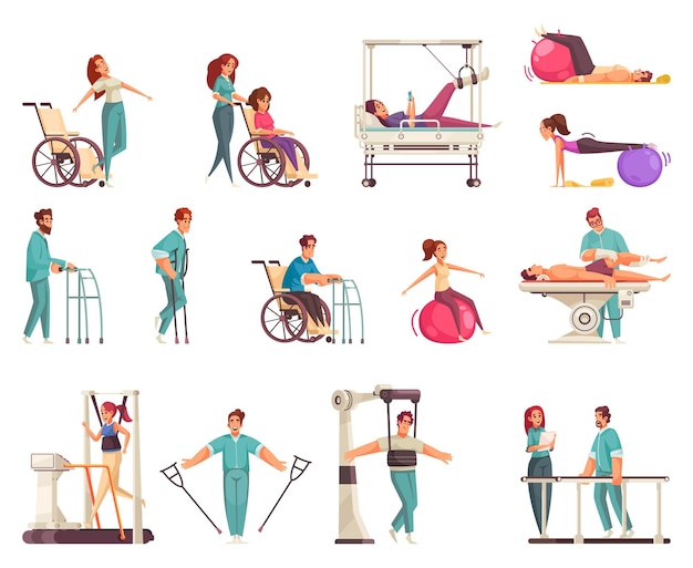 Riabilitazione fisioterapica medica con icone e personaggi umani doodle con apparecchi medici e specialisti fisici illustrazione vettoriale