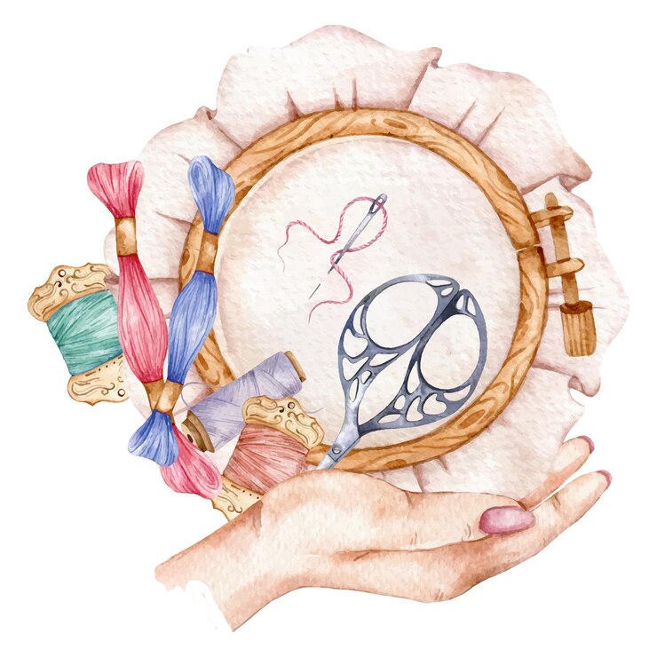 Vettore ricamo logo concetto illustrazione ad acquerello cerchio da ricamo vintage needlework