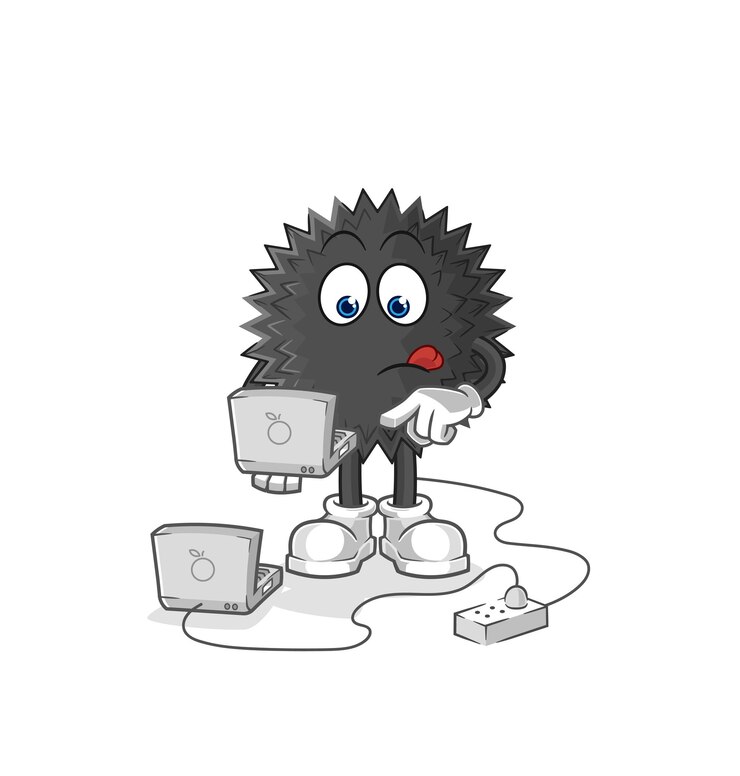 Vettore riccio di mare con il vettore del fumetto della mascotte del computer portatile