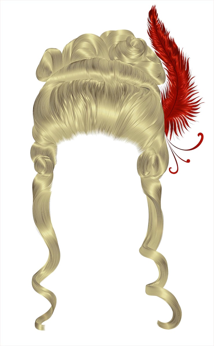 Vettore riccioli di capelli parrucca donna. stile medievale rococò, barocco. acconciatura alta con piuma.