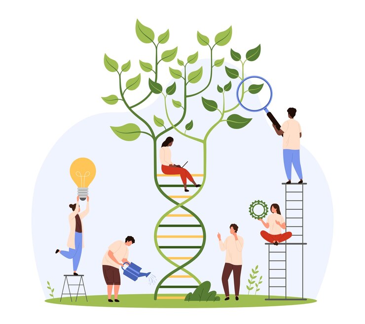 Vettore ricerca genetica del dna e sviluppo della biotecnologia in laboratorio da parte di minuscole persone