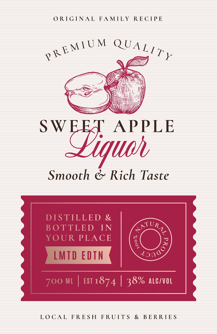 Vettore ricetta di famiglia liquore di mela etichetta di alcol astratta vettoriale packaging design layout banner tipografia moderna con mele disegnate a mano con una fetta silhouette logo e sfondo