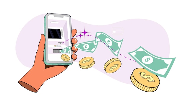 Ricezione di denaro utilizzando un bancomat tramite l'app mobile bancaria tenendo in mano uno smartphone banconote e