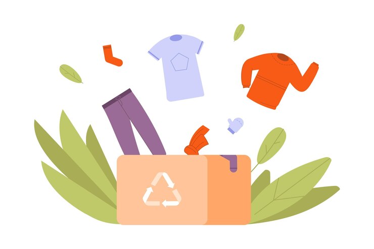 Vettore riciclare l'abbigliamento naturale donare un panno alla moda per riciclare i rifiuti tessili vestiti da materiale organico sostenibile illustrazione vettoriale