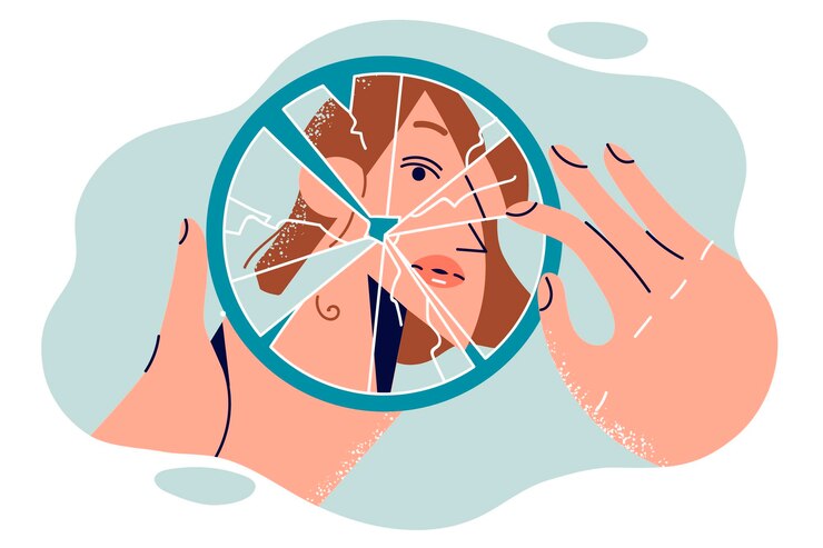 Vettore riflesso del volto di una donna in uno specchio rotto come metafora di problemi psicologici o malinconia la ragazza tiene in mano uno specchio rotto e ha paura a causa della superstizione e della fede nei cattivi presagi