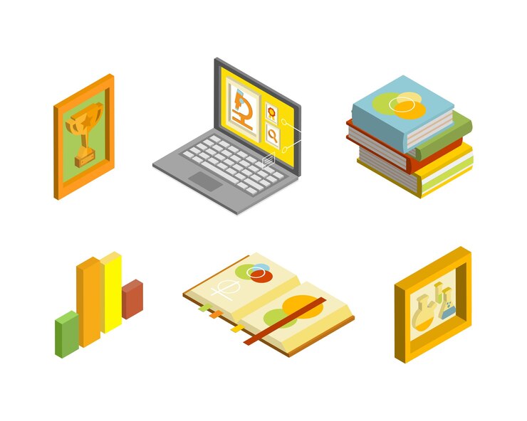 Vettore rifornimenti e attrezzature per lo studio per l'istruzione con pila di libri cartella portatile blocco appunti e set vettoriale isometrico di premio