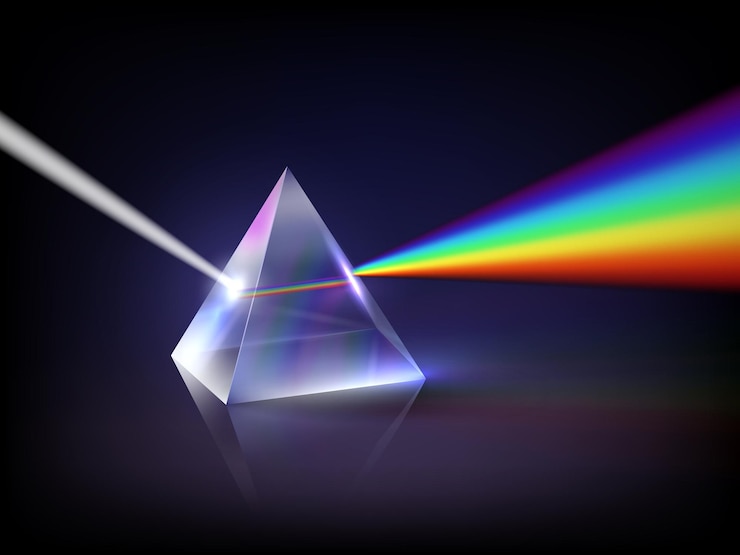 Vettore rifrazione dello spettro prisma piramidale di vetro low poly concetto astratto bagliore rifrazione della luce all'interno di forma geometrica trasparente arcobaleno vettoriale decente