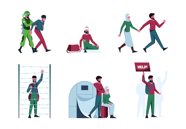 Rifugiati di guerra Immigrati persone esplosive fame senzatetto famiglia pianto personaggi sgargianti illustrazioni vettoriali a colori piatte