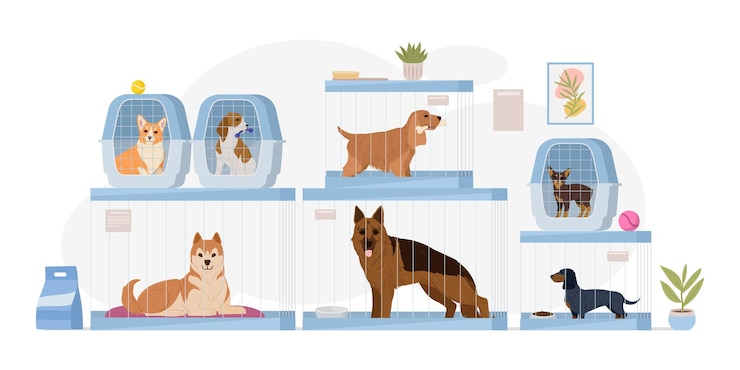 Vettore rifugio per cani cartoon negozio di animali domestici o centro di soccorso per animali domestici i cani aiutano l'adozione a riparare l'illustrazione vettoriale piatta dell'hotel cucciolo centro di adozione del cane