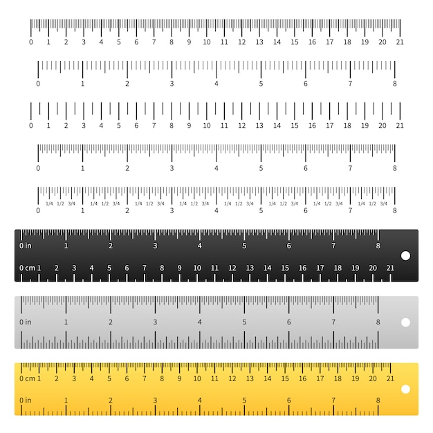 Righelli di misurazione. Righello scolastico, scala metrica misura pollici centimetro misura, marcatura lunghezza strumenti di precisione. impostato