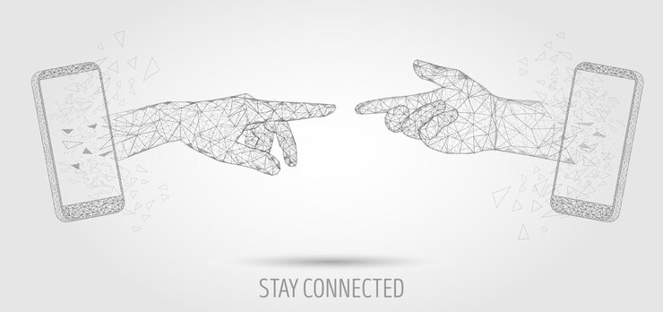 Vettore rimani connesso modello di progettazione banner poster vettoriale. telefono cellulare due mani umane che si toccano, rete wireframe low poly. rete mobile, rimanere in contatto illustrazione stile arte poligonale concetto.