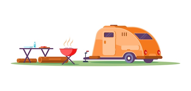 Rimorchio da campeggio vintage all'arresto all'aperto barbecue estivo picnic illustrazione vettoriale isometrica. Roulotte per viaggi su strada con mobili per mangiare, tavola, griglia, carne arrosto, cucinare pasti vacanze