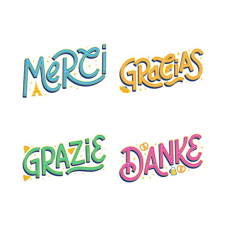 Vettore ringraziamenti colorati in diverse lingue set di lettere