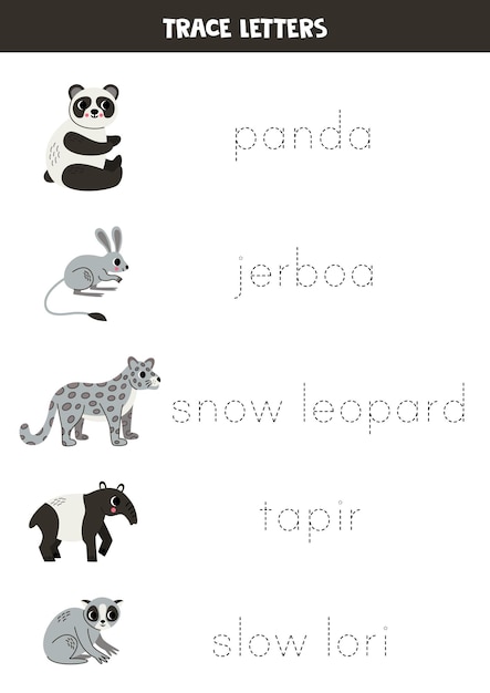 Rintracciare i nomi di carini animali asiatici Esercizio di scrittura per bambini in età prescolare
