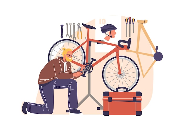 Riparatore che cambia catena e fissa i pedali di una bicicletta personalizzata che lavora nella scena del garage del laboratorio