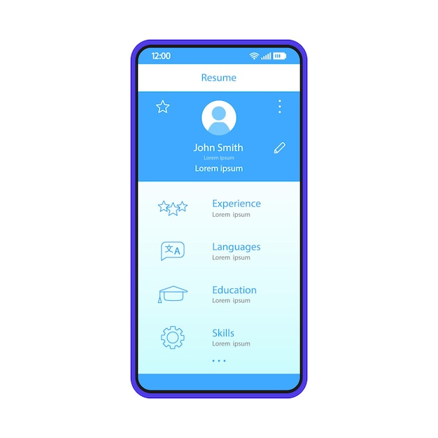 Riprendi il modello vettoriale dell'interfaccia dell'app per smartphone. Layout di progettazione blu dell'interfaccia dell'applicazione di ricerca di lavoro mobile. Schermata del generatore di CV. Interfaccia utente piatta. Display del telefono con informazioni personali