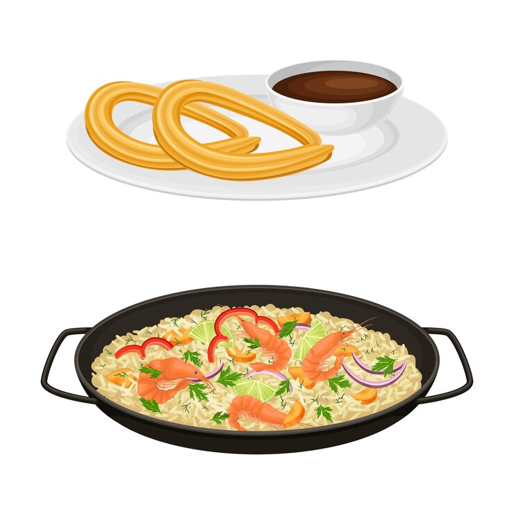 Vettore riso con gamberetti e erbe in padella e churros pasticceria con cioccolato come vettore di piatto della cucina spagnola