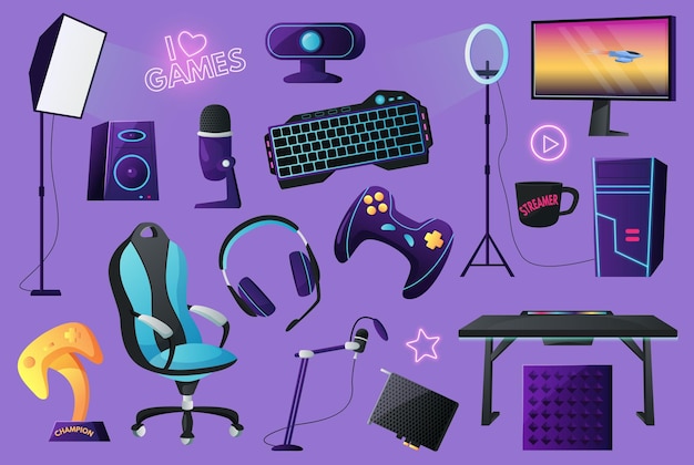 Risorse della sala streamer Tastiera e cuffie da gioco Sedia e cuffie per videogiochi Set vettoriale di cartoni animati di cuffie per computer streamer e illustrazione della tastiera del giocatore