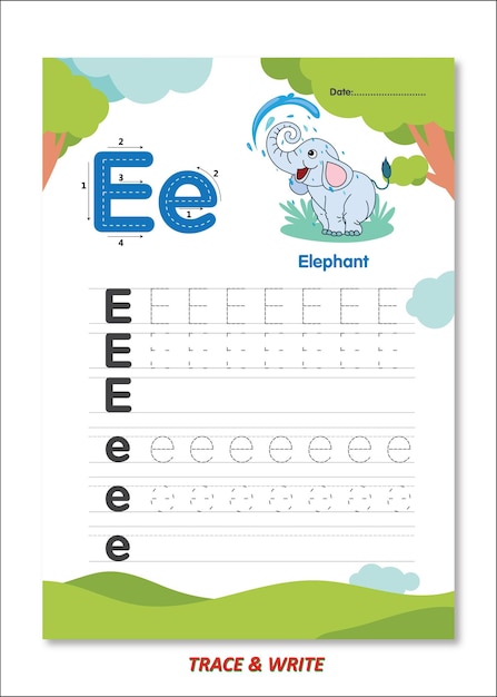 Risorse vettoriali per l'apprendimento dell'alfabeto E per l'elefante Traccia e scrivi per bambini