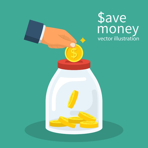 Risparmiare soldi. La mano lancia una moneta d'oro nel barattolo. Risparmia dollari. Design piatto illustrazione vettoriale. Isolato su sfondo. Contanti a casa. Concetto economico.