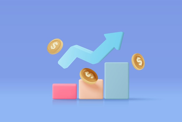 Risparmio di monete in denaro 3D su sfondo blu pastello raggruppa contanti e monete fluttuanti con il concetto di business finanziario che guadagna investimento icona vettoriale 3d trading per illustrazione rendering di investimento