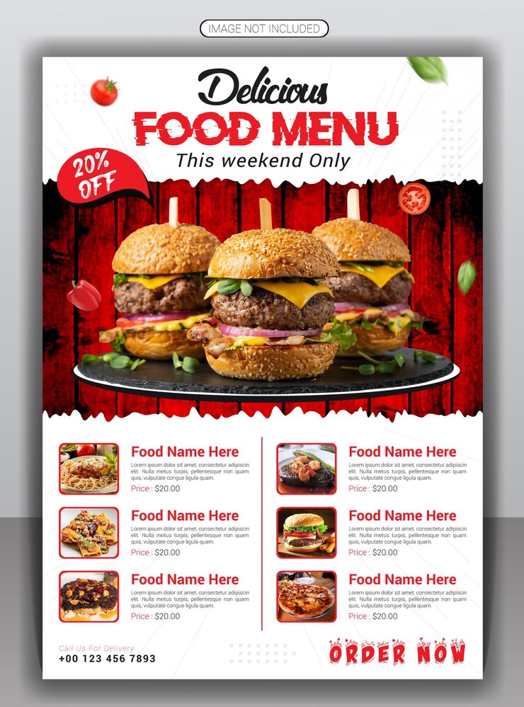 Vettore ristorante cibo menu hamburger pizza migliore offerta modello di progettazione volantino