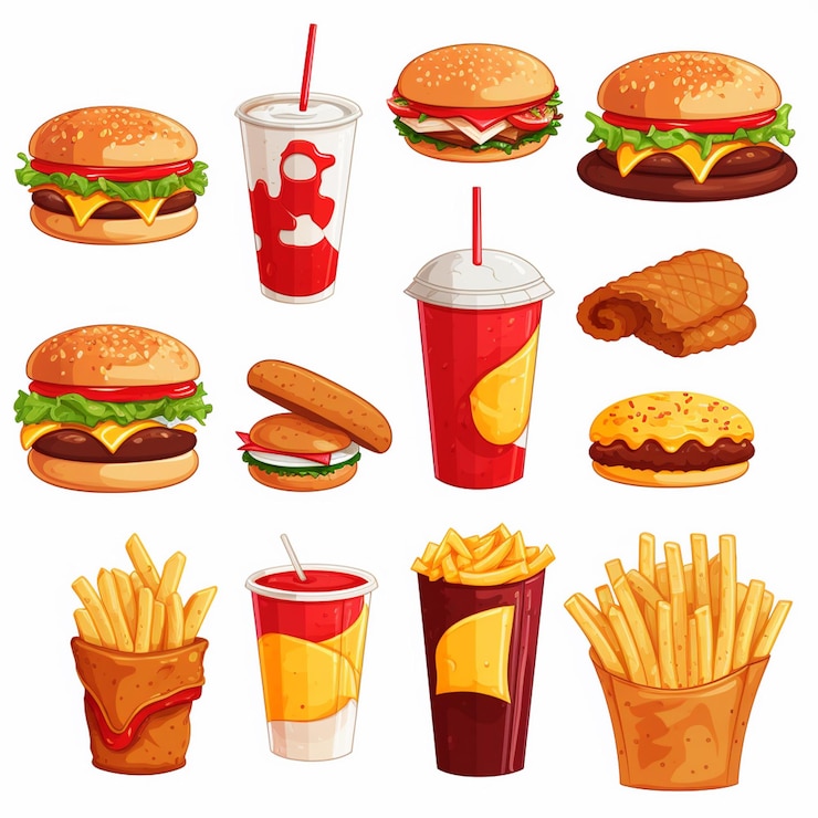 Vettore ristorante di cibo vettoriale hamburger illustrazione del menu fast pizza pasto hamburger disegno cartone animato