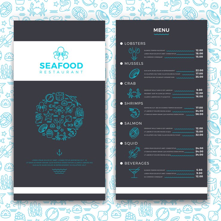 Vettore ristorante di pesce moderno, modello di menu brochure caffè con icone di frutti di mare di linea