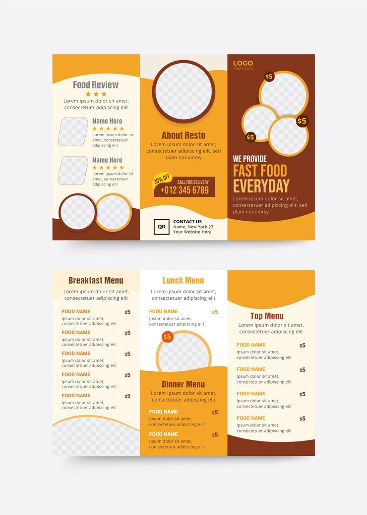 Vettore ristorante triplo design brochure amp modello di menu fast food