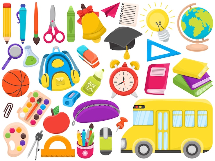 Vettore ritorno a scuola collezione di diversi rifornimenti per bambini colorato design di stile piatto carino