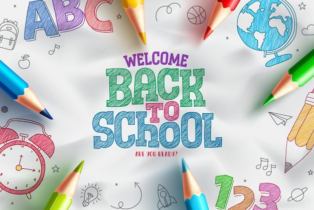Ritorno a scuola disegno vettoriale disegnato a mano Bentornato a scuola testo con educazione al disegno a mano