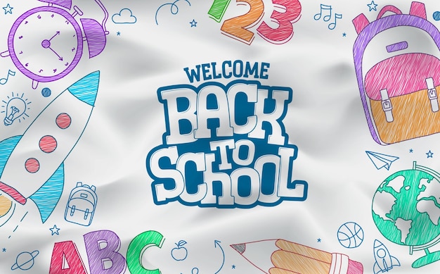 Ritorno a scuola disegno vettoriale disegnato a mano Bentornato a scuola testo con icone di disegno a mano