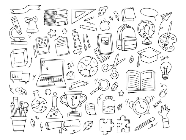 Ritorno a scuola elementi doodle illustrazione vettoriale in linea