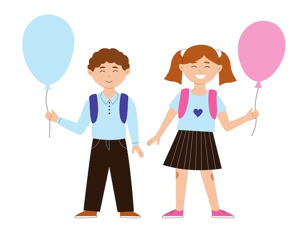 Ritorno a scuola felice ragazzo e ragazza con uno zaino e un palloncino in uniforme scolastica Illustrazione vettoriale su sfondo bianco